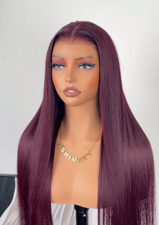 28 Inch 13x4 Full Frontal Glueless Straight Burgundy Wig – 220% Density Human Hai